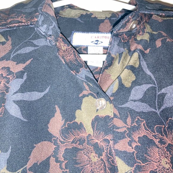 Caribbean Joe Floral Button Up Blouse Medium Petite Dark Brown Floral Textured - Picture 2 of 3